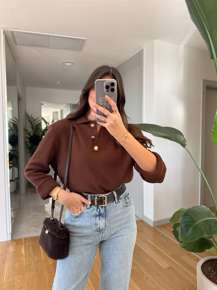 Evelyn Gold Düğmeli Polo Yaka  Triko - Kahve
