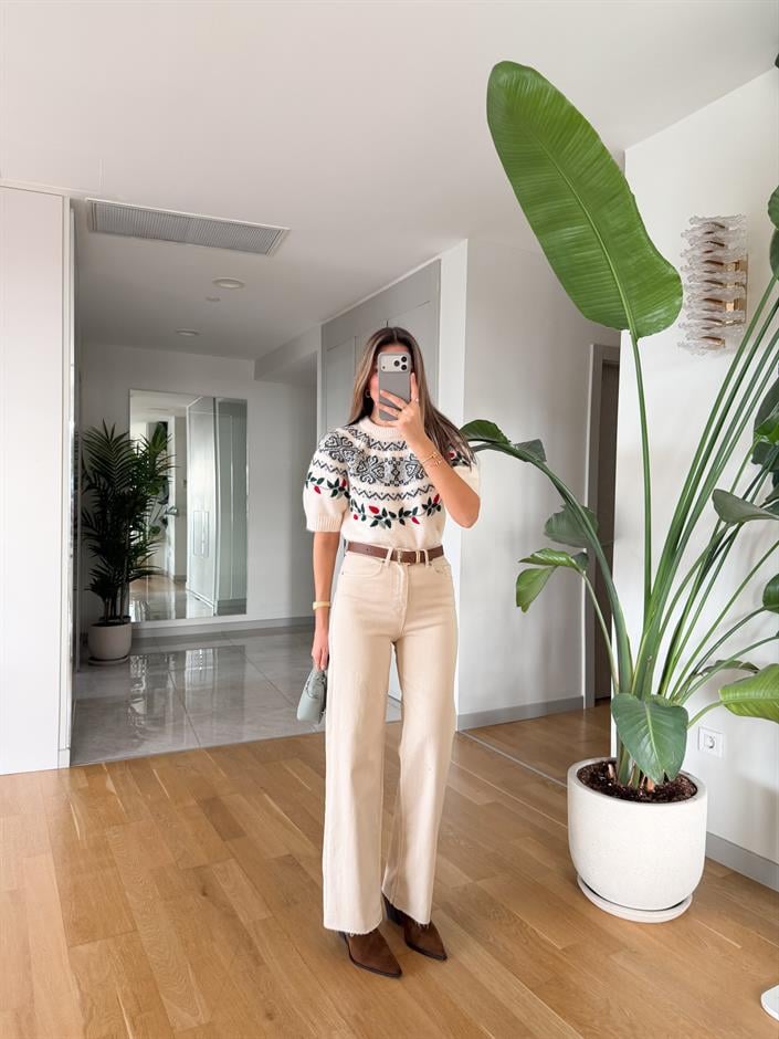 Fabric Kahve Kemerli Kesik Paça Jean - Bej