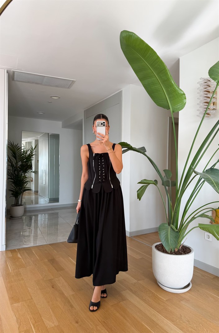 Fermuar Detaylı Korse Elbise - Siyah