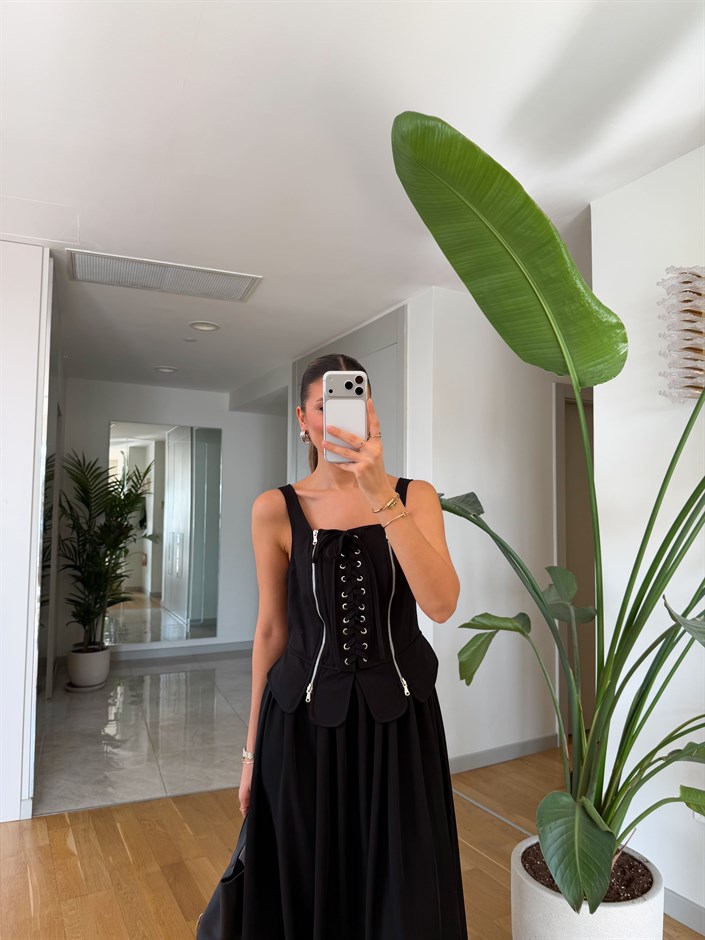 Fermuar Detaylı Korse Elbise - Siyah