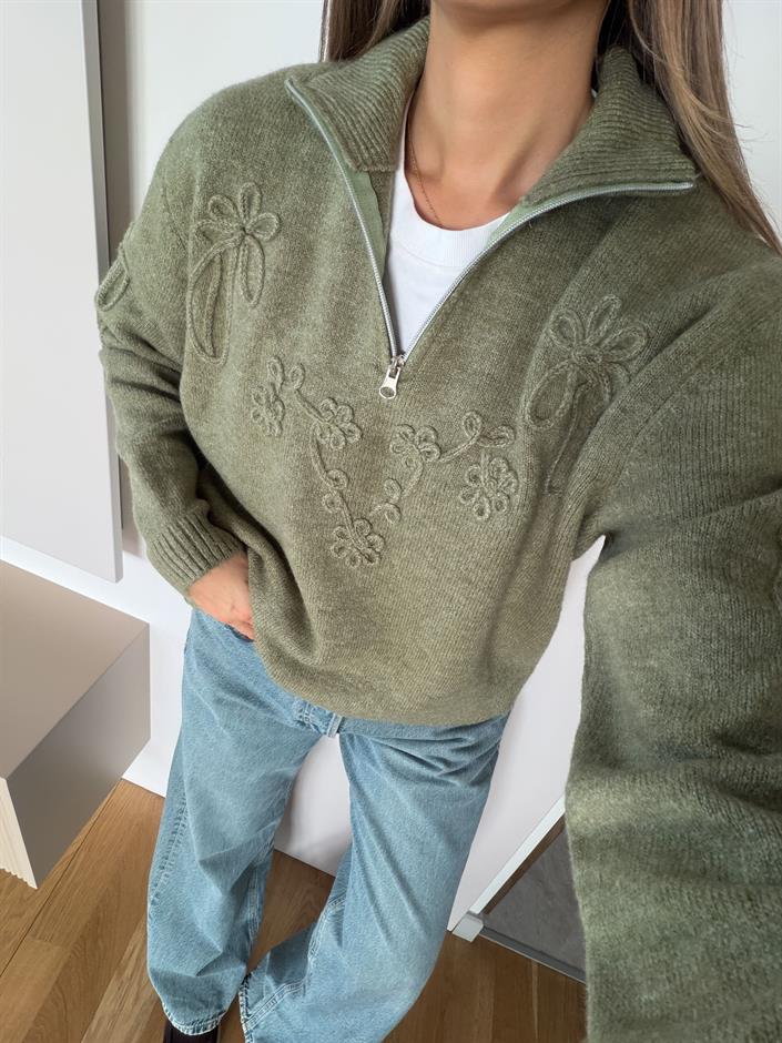 Fermuarlı Çiçek Motifli Kazak - Yeşil 