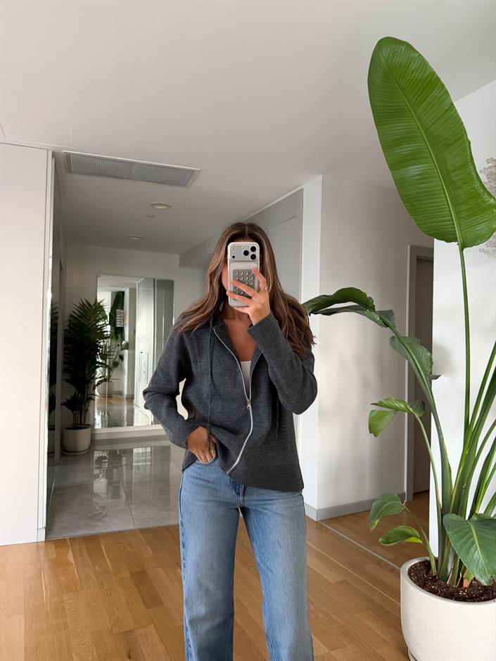 Fermuarlı Kapüşonlu Triko Hırka - Gri 