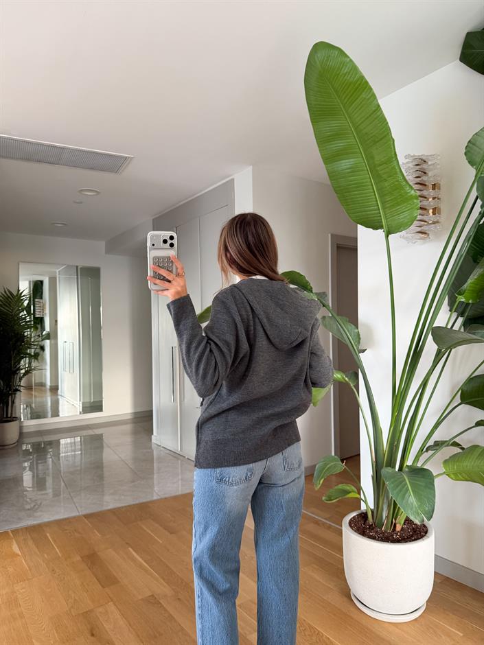 Fermuarlı Kapüşonlu Triko Hırka - Gri 