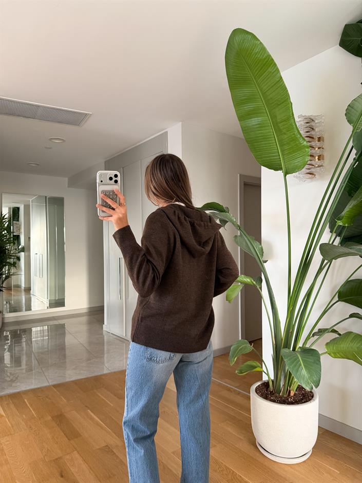 Fermuarlı Kapüşonlu Triko Hırka - Kahve