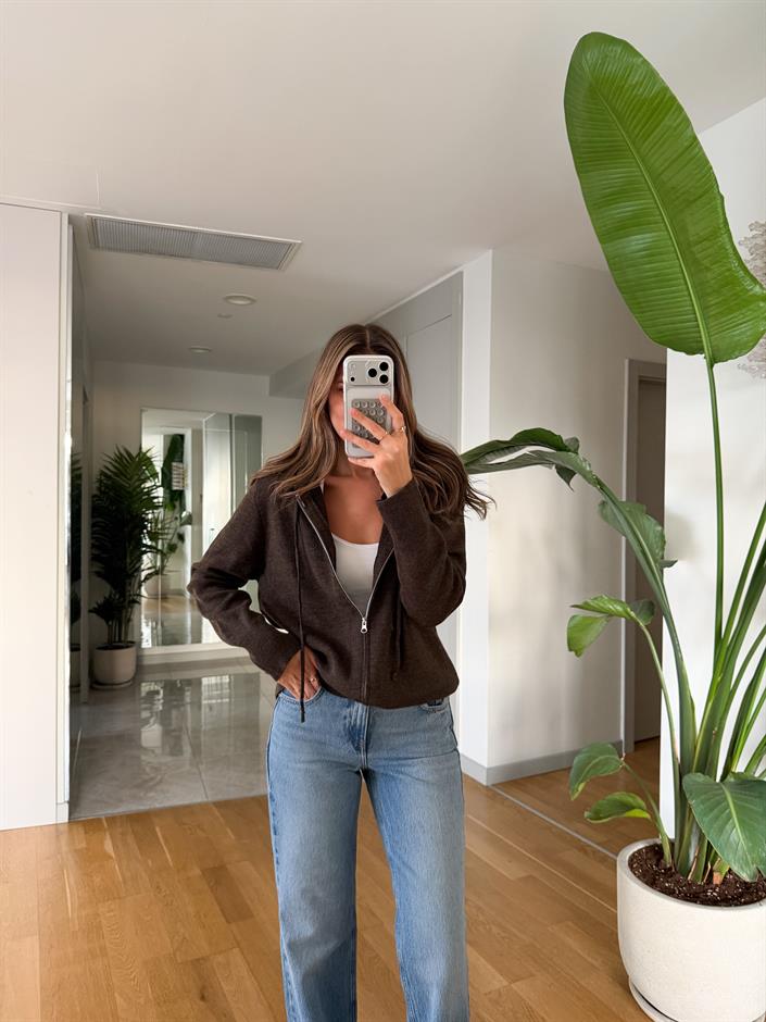 Fermuarlı Kapüşonlu Triko Hırka - Kahve