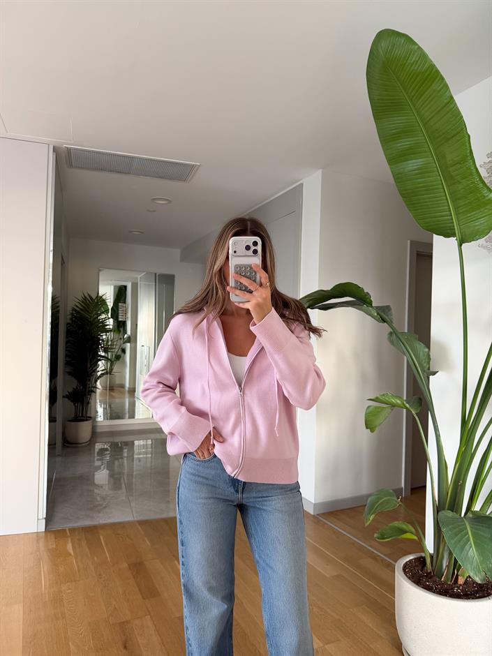 Fermuarlı Kapüşonlu Triko Hırka - Pembe