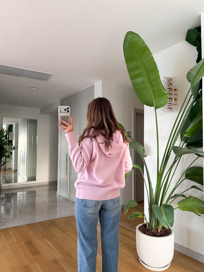 Fermuarlı Kapüşonlu Triko Hırka - Pembe