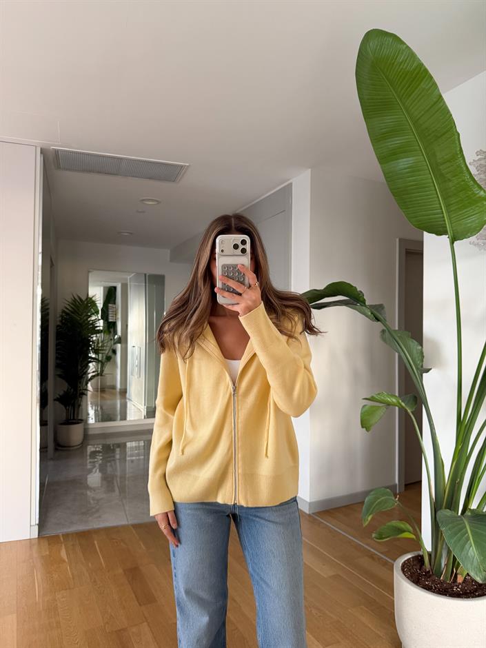 Fermuarlı Kapüşonlu Triko Hırka - Sarı 