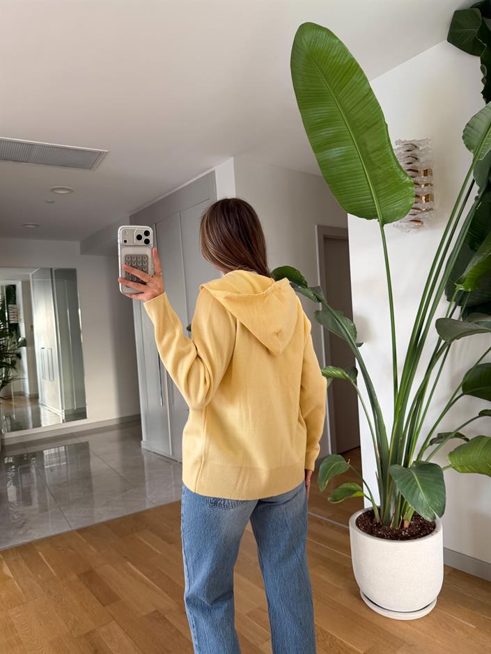 Fermuarlı Kapüşonlu Triko Hırka - Sarı 