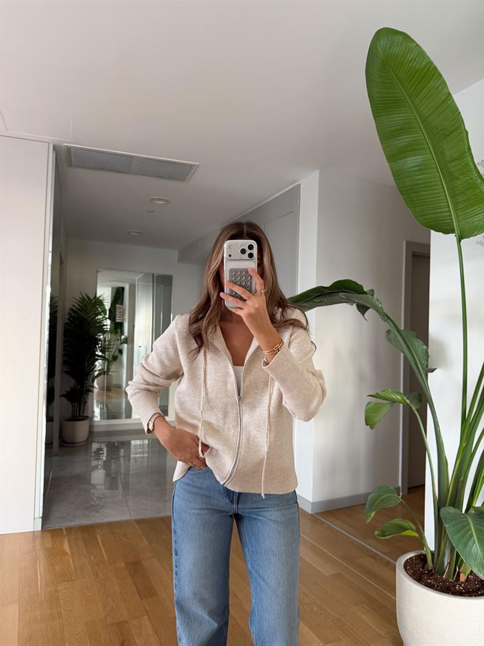 Fermuarlı Kapüşonlu Triko Hırka - Taş