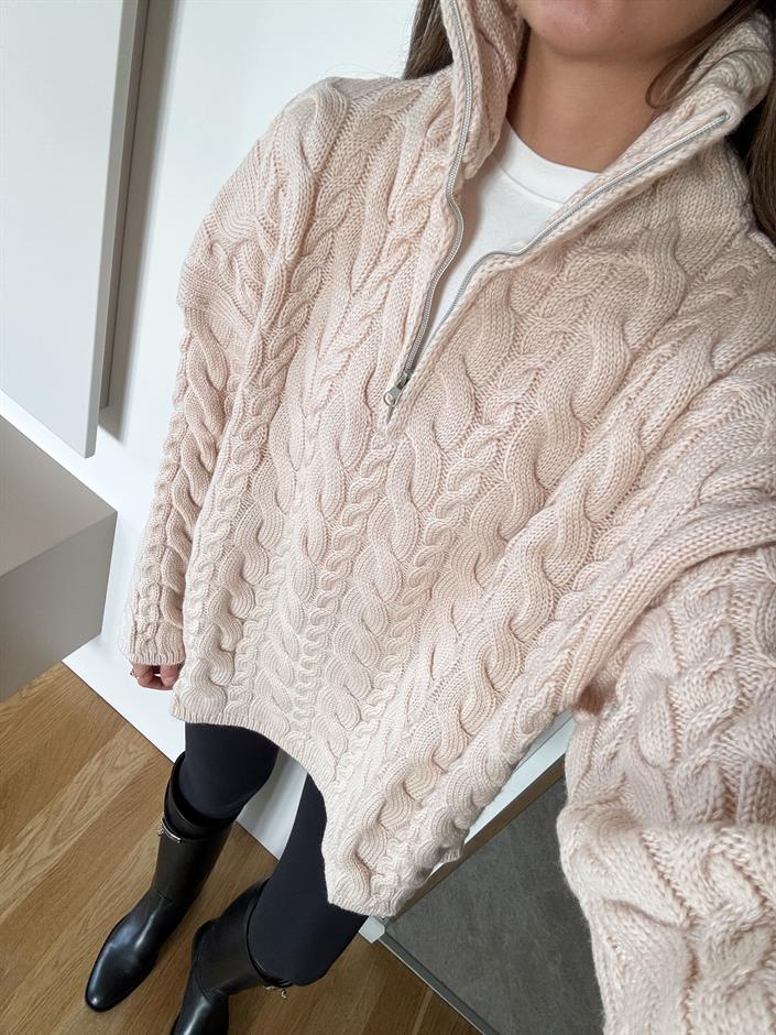 Fermuarlı Saç Örgülü Premium Kazak - Vanilya