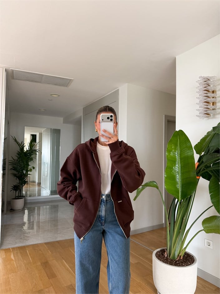 Fermuarlı Şardonlu Sweatshirt - Kahve