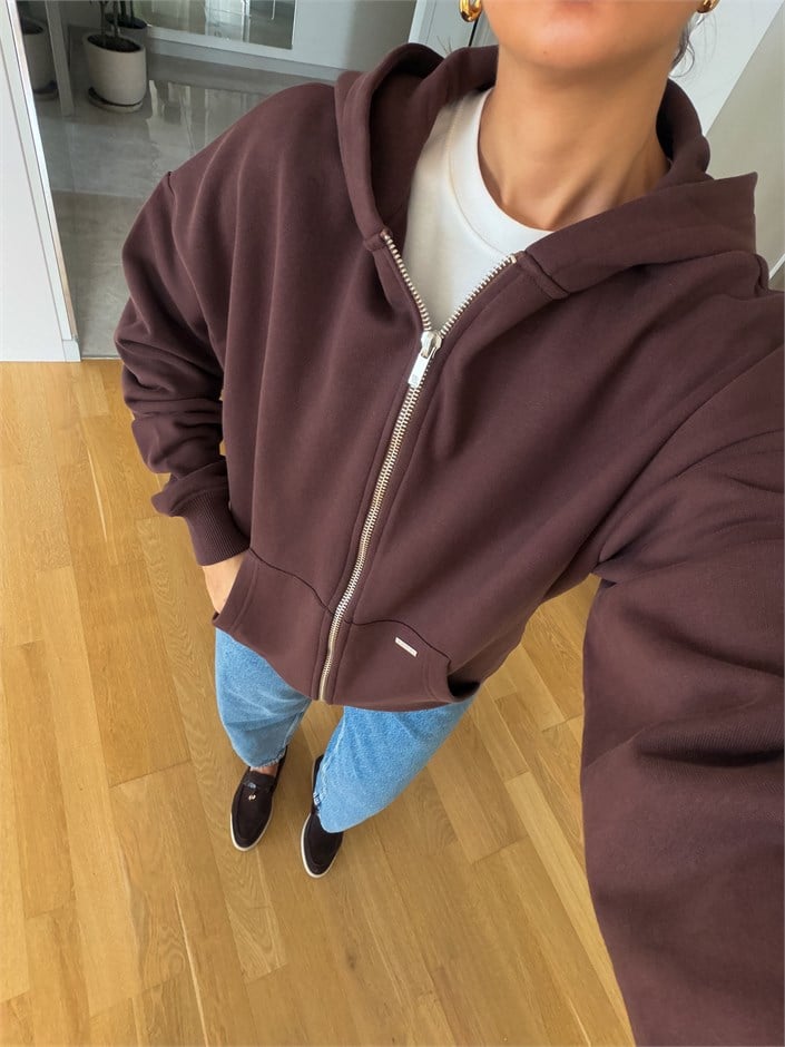 Fermuarlı Şardonlu Sweatshirt - Kahve