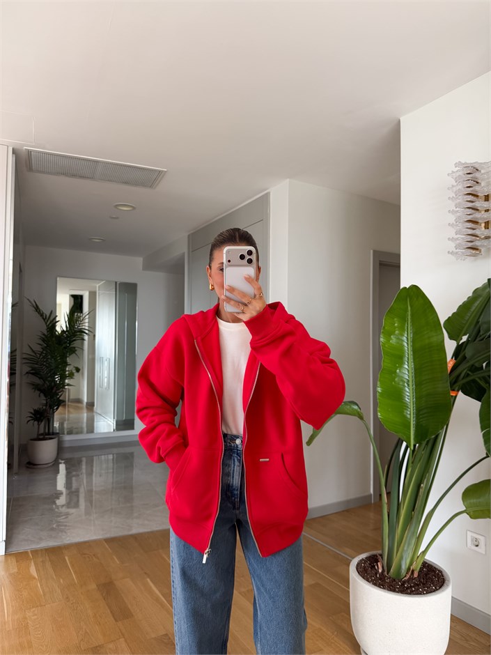 Fermuarlı Şardonlu Sweatshirt - Kırmızı
