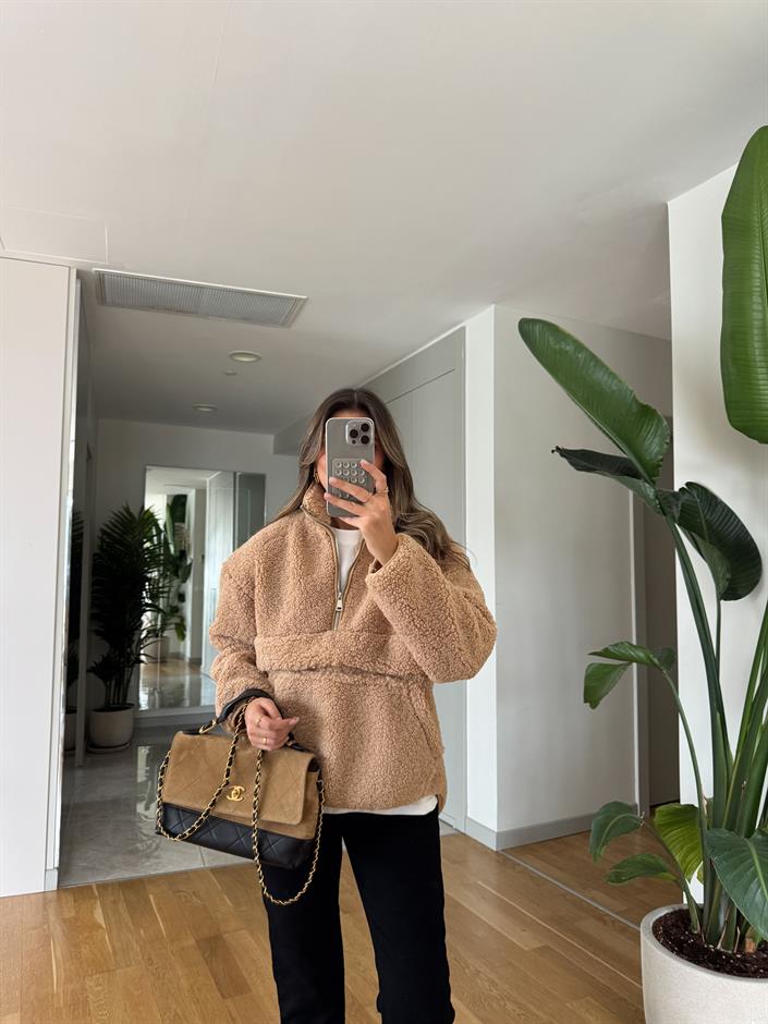 Fermuarlı Teddy Sweat - Bej 