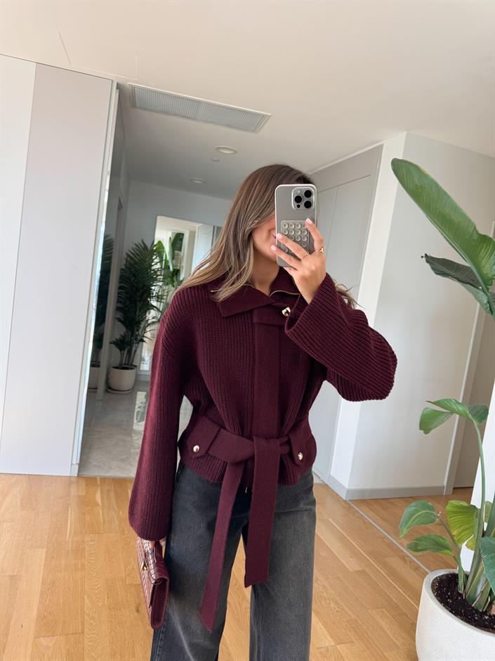 Dilvin Fermuarlı Ve Kemerli Triko Hırka - Bordo