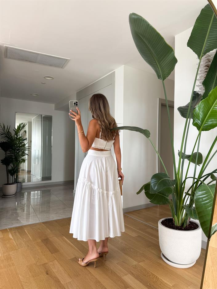 Fırfır Detaylı Bustiyer Etek Takım - Beyaz