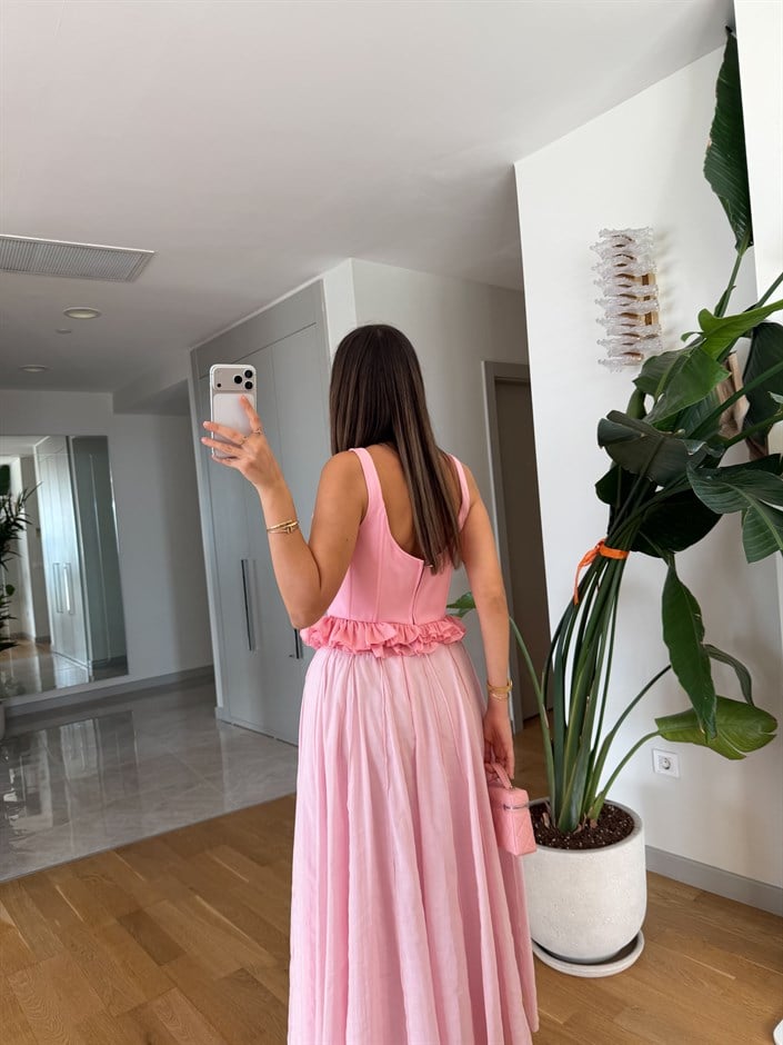 Fırfırlı Askılı Büstiyer Bluz - Pembe