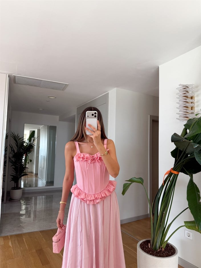 Fırfırlı Askılı Büstiyer Bluz - Pembe