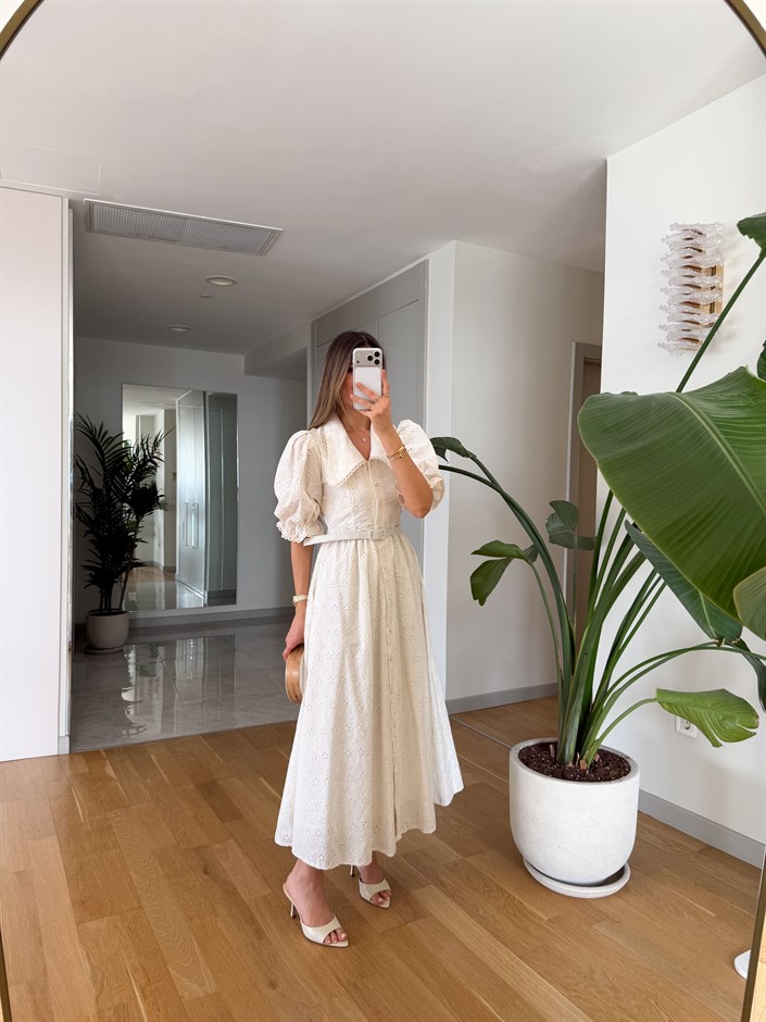 Fistolu Bebe Yaka Midi Elbise - Ekru