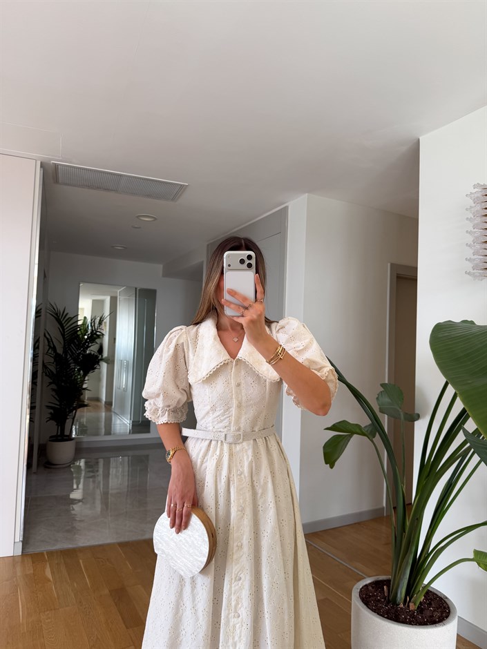 Fistolu Bebe Yaka Midi Elbise - Ekru