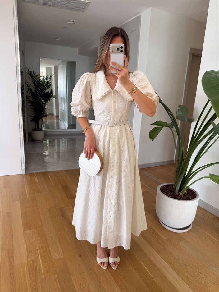 Fistolu Bebe Yaka Midi Elbise - Ekru