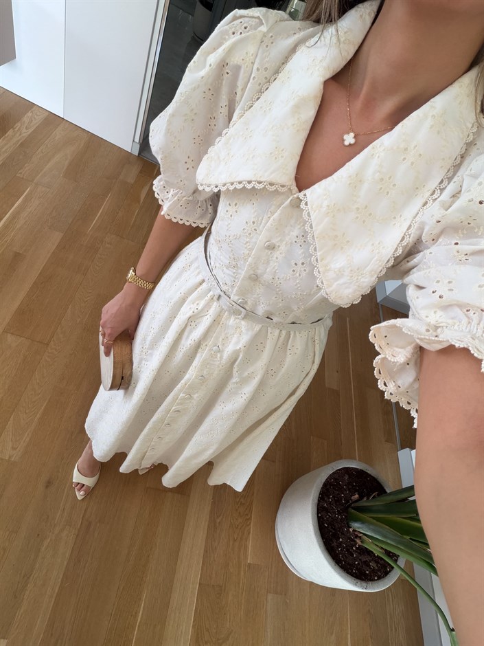 Fistolu Bebe Yaka Midi Elbise - Ekru