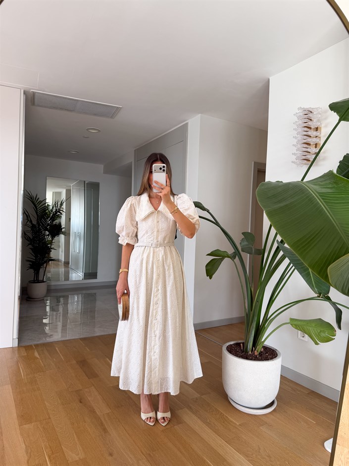 Fistolu Bebe Yaka Midi Elbise - Ekru