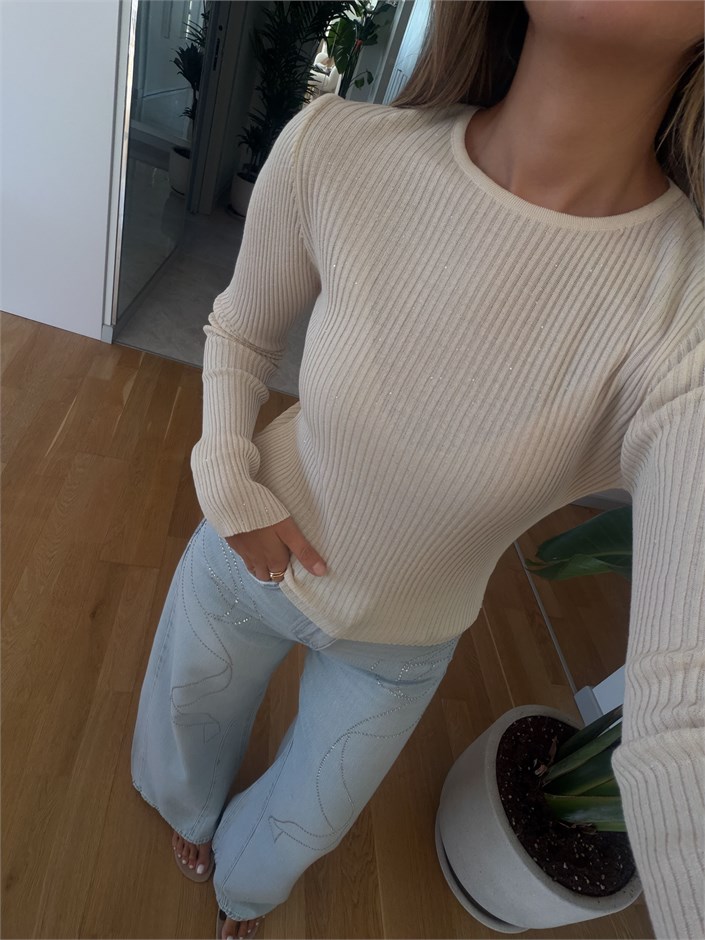Fitilli Pullu Bluz - Krem
