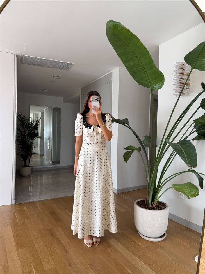 Fiyonk Detaylı Puantiyeli Elbise - Ekru