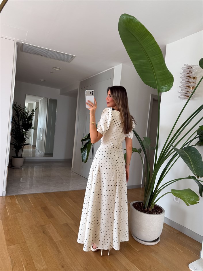 Fiyonk Detaylı Puantiyeli Elbise - Ekru