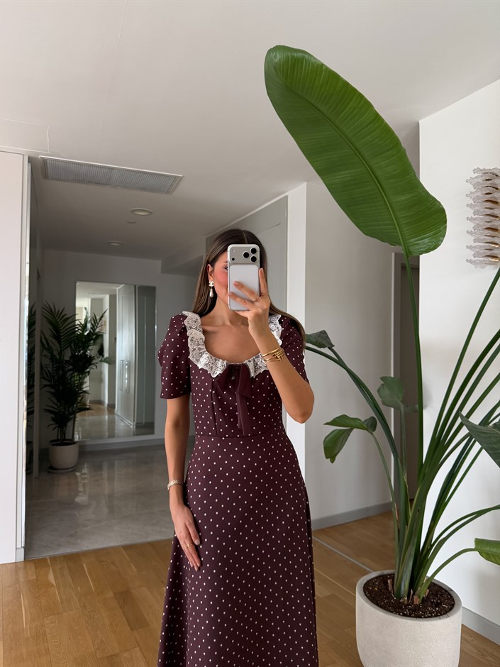 Fiyonk Detaylı Puantiyeli Elbise - Kahve