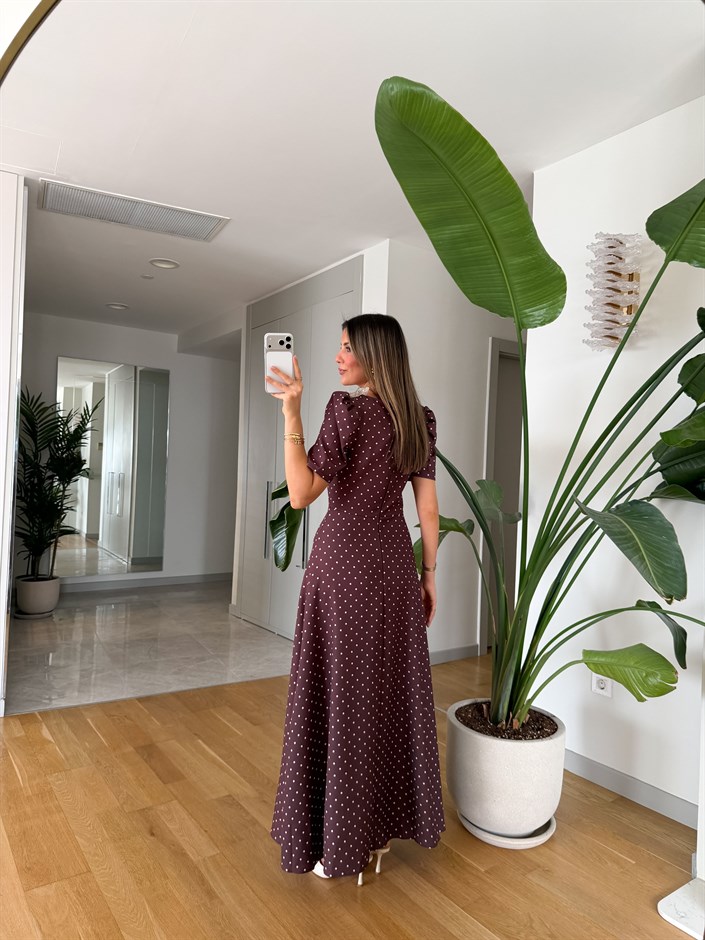 Fiyonk Detaylı Puantiyeli Elbise - Kahve