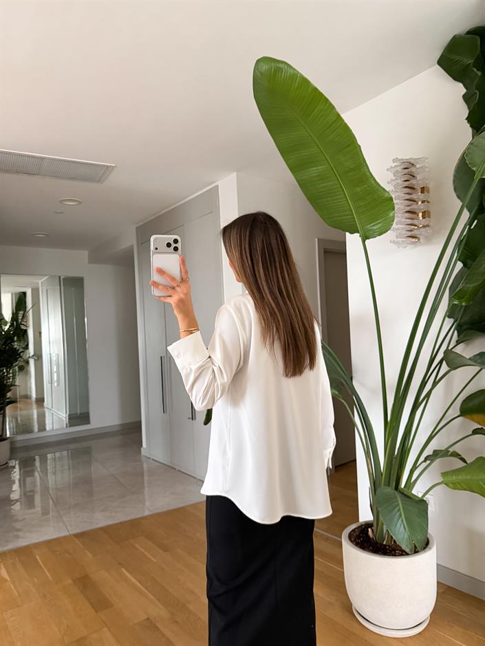 Fiyonk Düğmeli Saten Gömlek - Ekru 