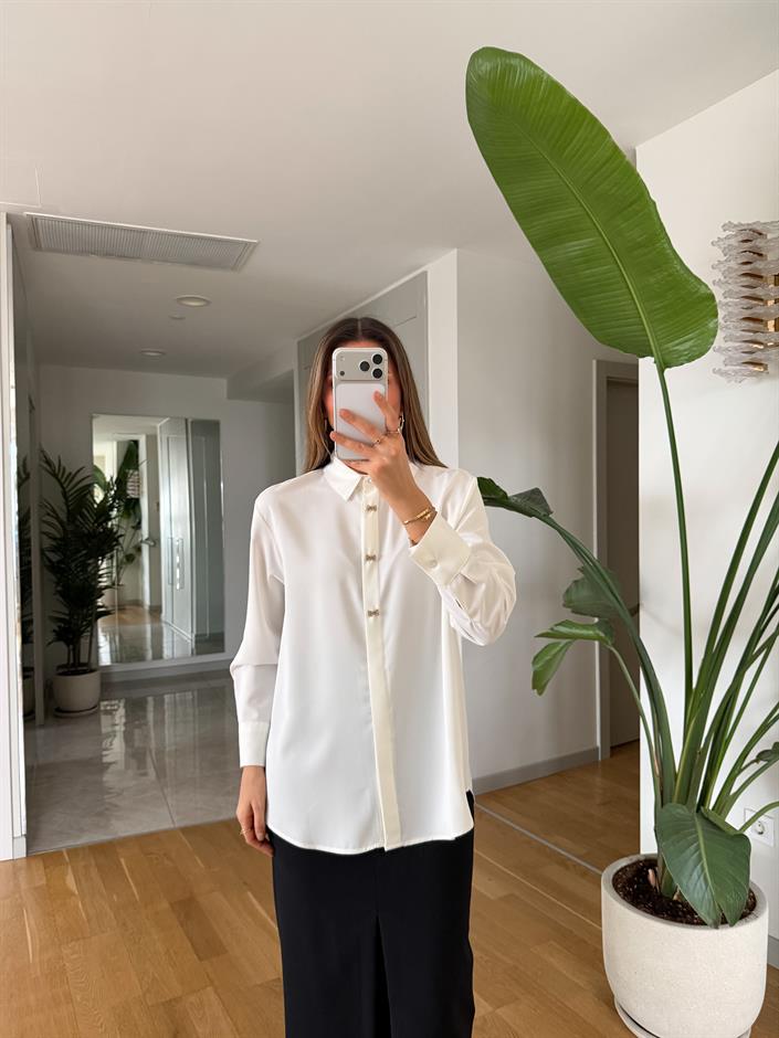 Fiyonk Düğmeli Saten Gömlek - Ekru 