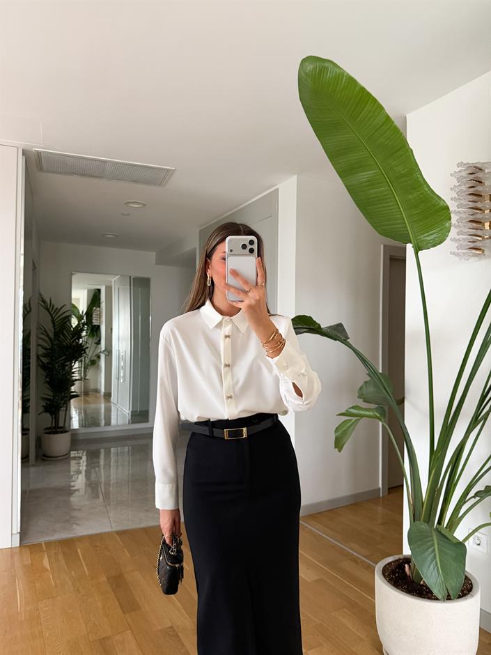 Fiyonk Düğmeli Saten Gömlek - Ekru 