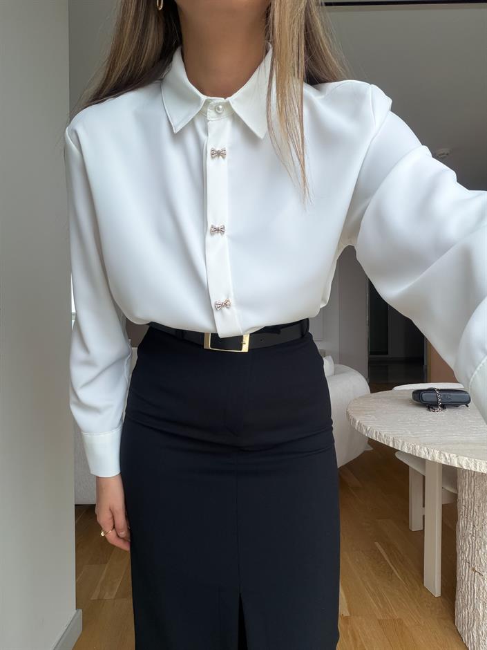 Fiyonk Düğmeli Saten Gömlek - Ekru 