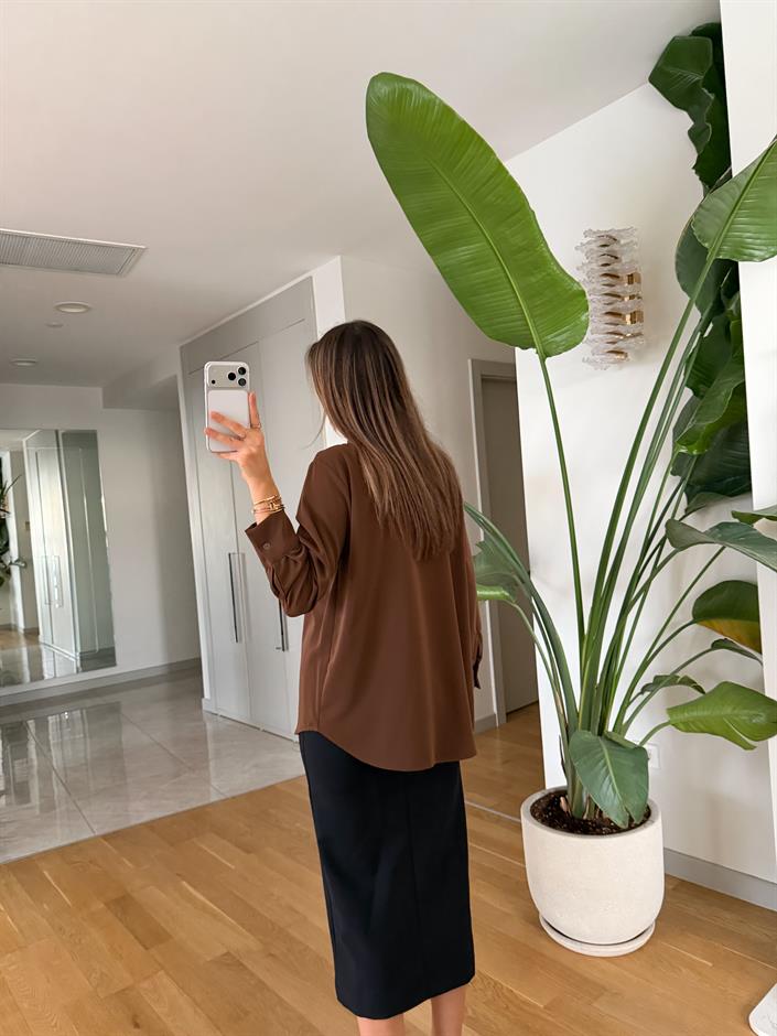 Fiyonk Düğmeli Saten Gömlek - Kahve