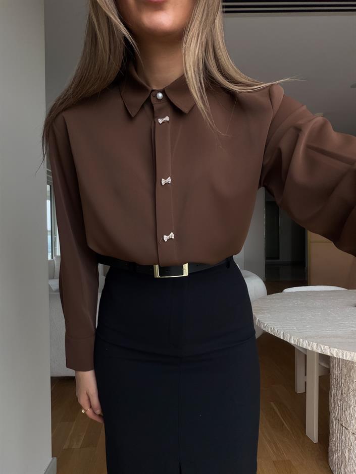 Fiyonk Düğmeli Saten Gömlek - Kahve
