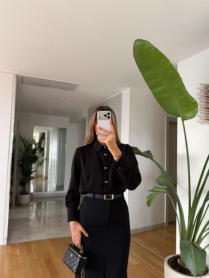 Fiyonk Düğmeli Saten Gömlek - Siyah