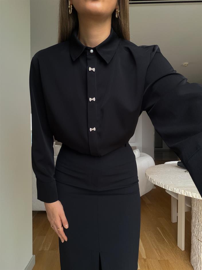 Fiyonk Düğmeli Saten Gömlek - Siyah