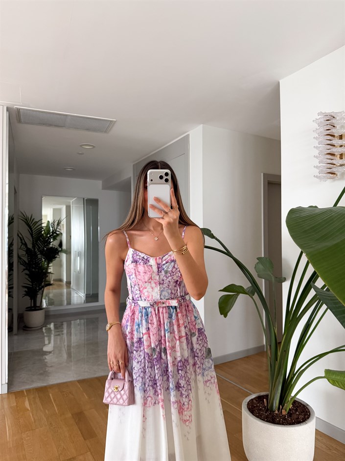 Fiyonk Kemerli Askılı Keten Elbise 