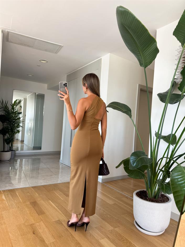 Fk Çarpraz Yaka Midi Elbise - Deve Tüyü