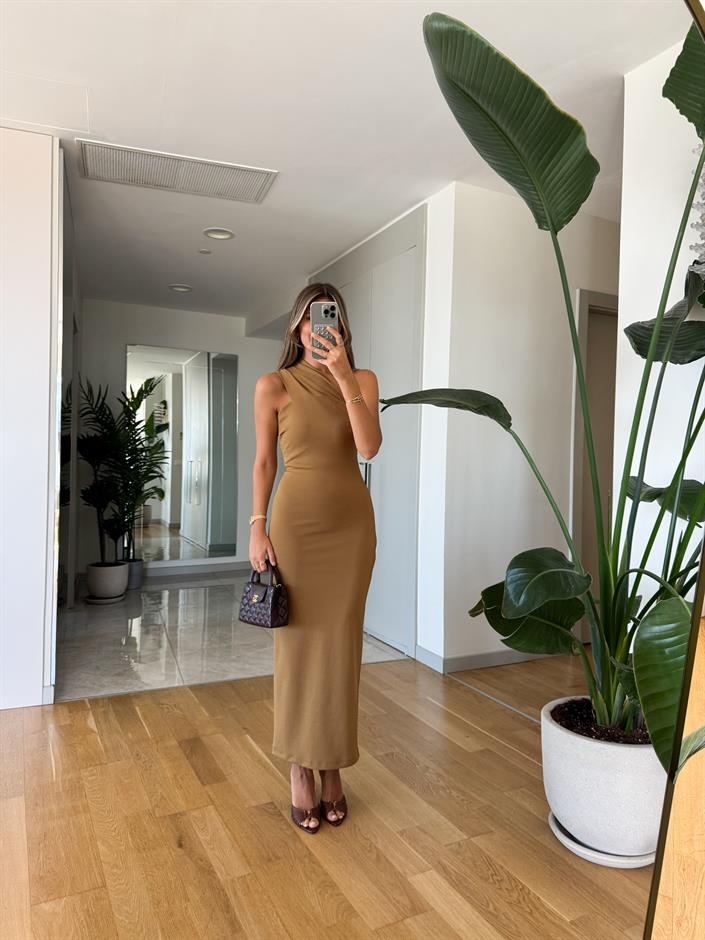 Fk Çarpraz Yaka Midi Elbise - Deve Tüyü