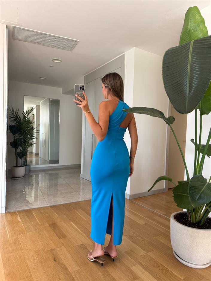 Fk Çarpraz Yaka Midi Elbise - Mavi