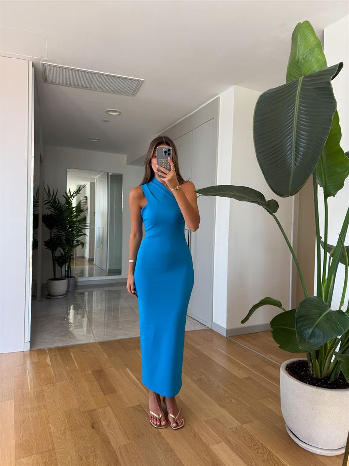 Fk Çarpraz Yaka Midi Elbise - Mavi