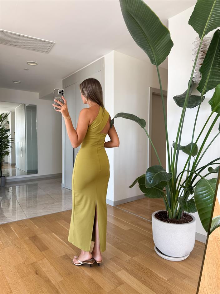 Fk Çarpraz Yaka Midi Elbise - Yağ Yeşili