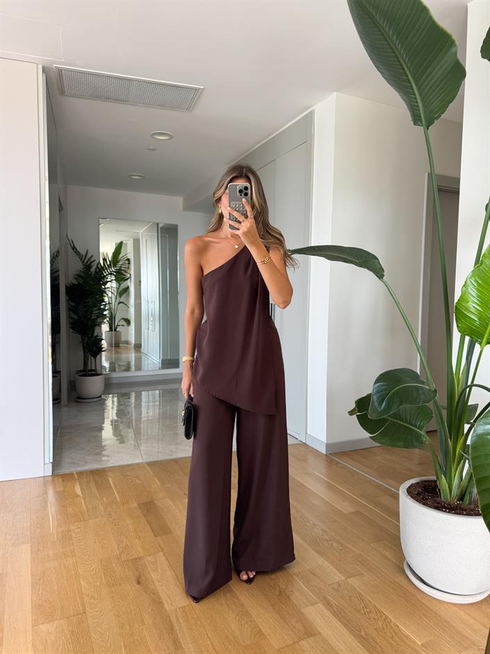 Flo Tek Kol Bluz Pantolon Takım - Kahve