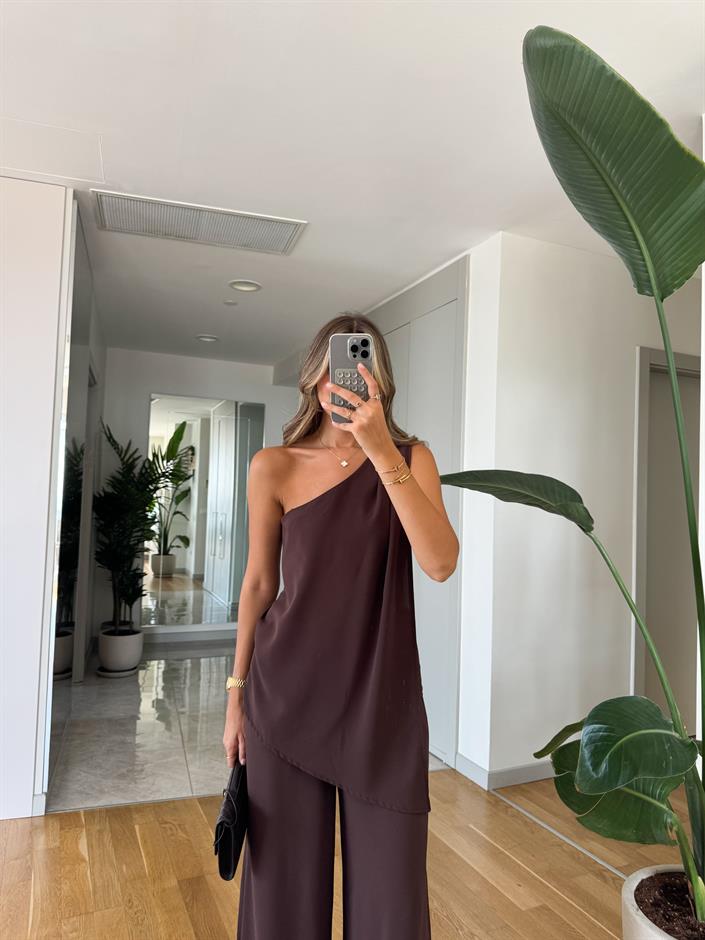 Flo Tek Kol Bluz Pantolon Takım - Kahve