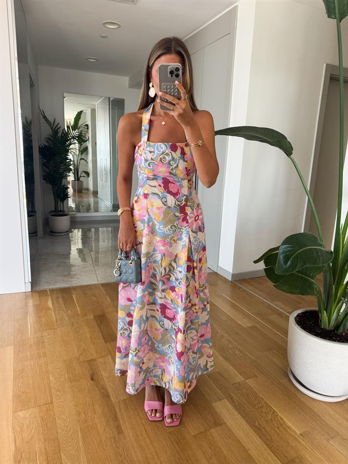 Floral Desen Keten Dokulu Elbise